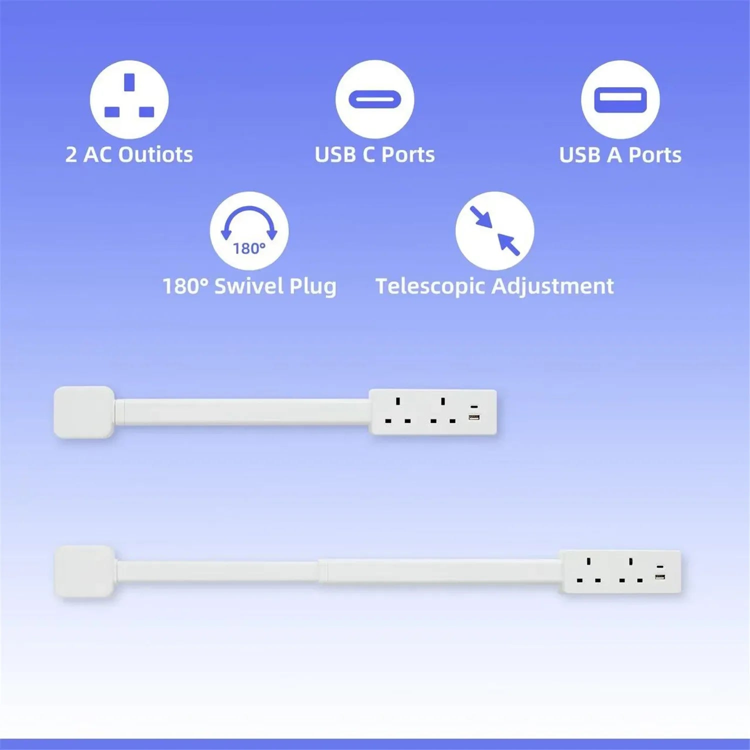 Rallonge Prise Murale Rotative Avec Ports USB-A et USB-C