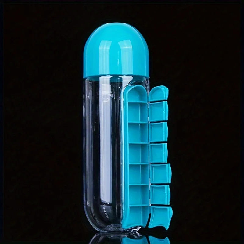 Bleu Couleur Gourde Pilulier 2 En 1 600 ml Avec Organiseur 7 Jours